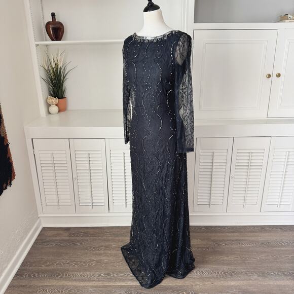 Free People Embellished Beaded Black Lace Long Sleeve Low Back Maxi Dress Size 6 - Picture 3 of 9